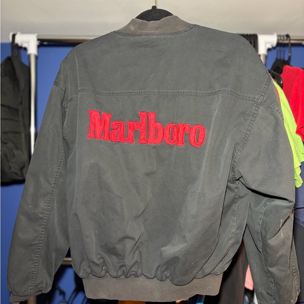 Vintage Marlboro Men's Black (Reversible) Bomber Jacket with Red Logo